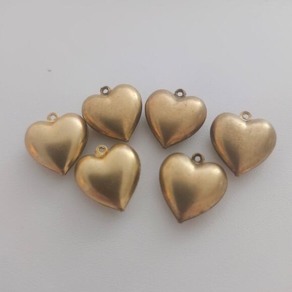 Unbranded Jewelry - Vintage Brass Puffy Heart Charm Lot 6 Gold Tone Pendants Jewelry Making Supply